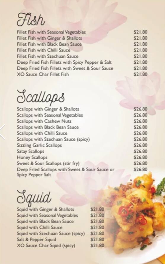Menu at Lotus Room restaurant, Enoggera, 340 Wardell St