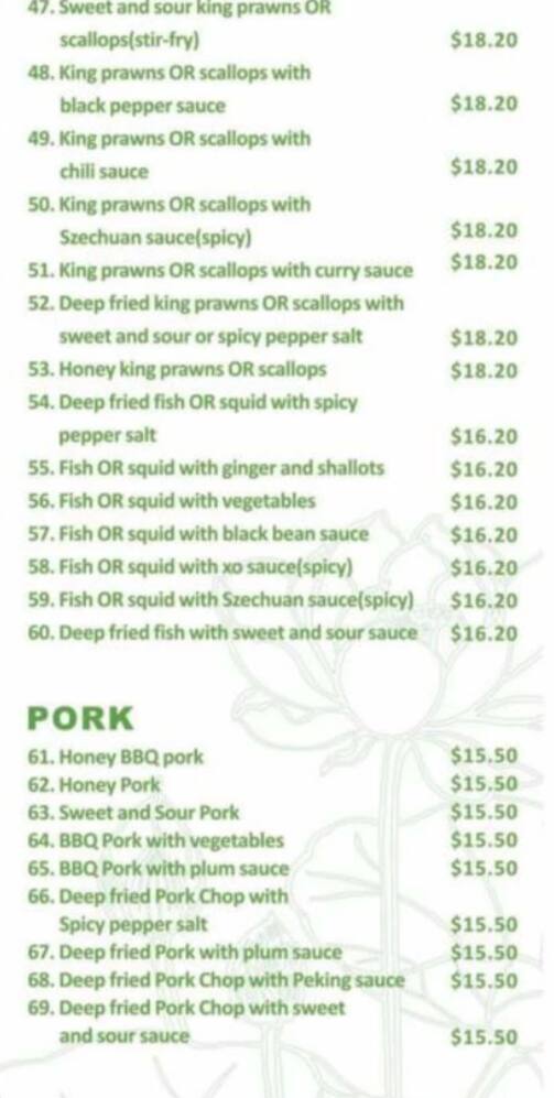 Menu at Lotus Room restaurant, Enoggera, 340 Wardell St