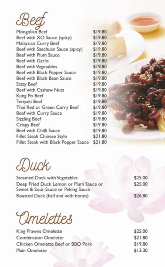 Menu at Lotus Room restaurant, Enoggera, 340 Wardell St