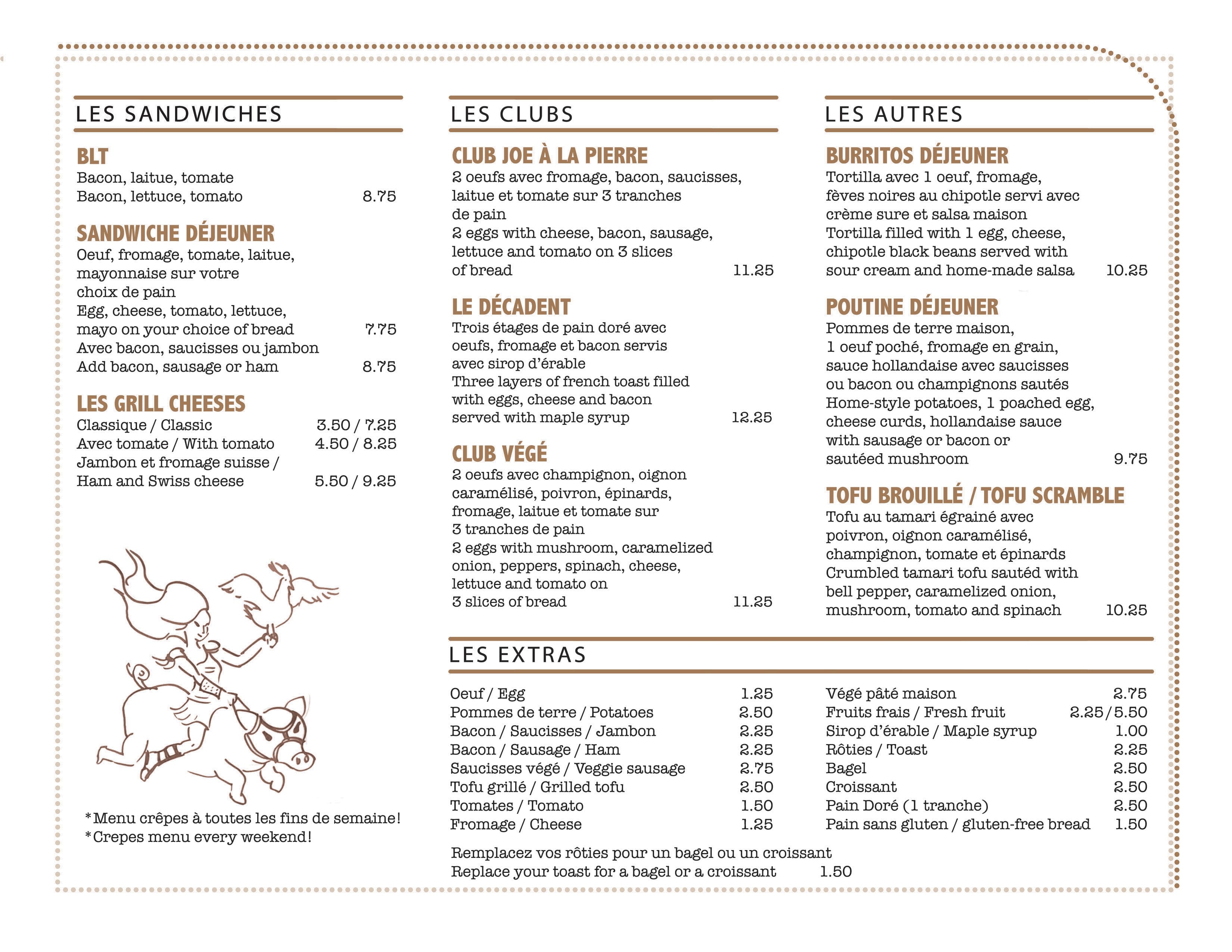 Café Joe Menu, Menu v reštaurácii Café Joe, Westmount, Montreal