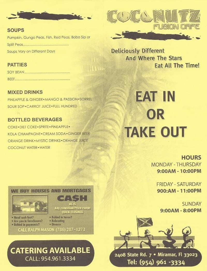 Menu at Coconutz Fusion Cafe, Miramar, S State Rd 7