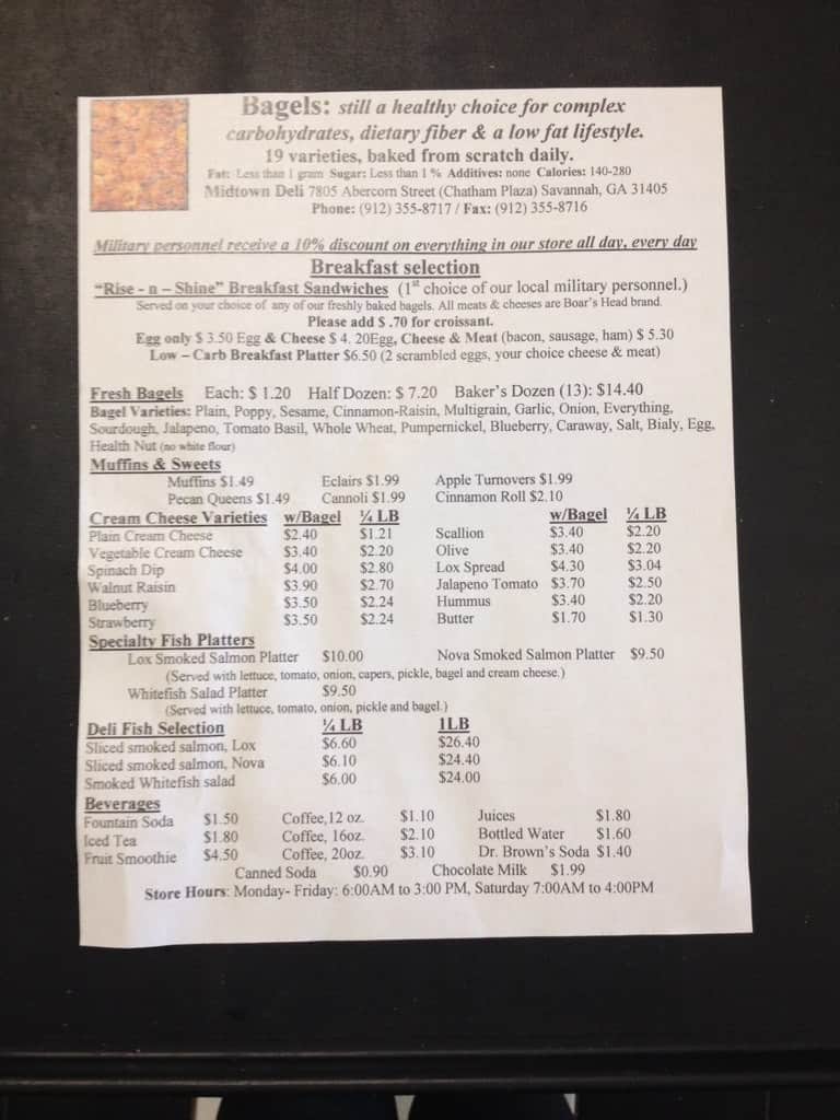 Menu at Midtown Deli restaurant, Savannah