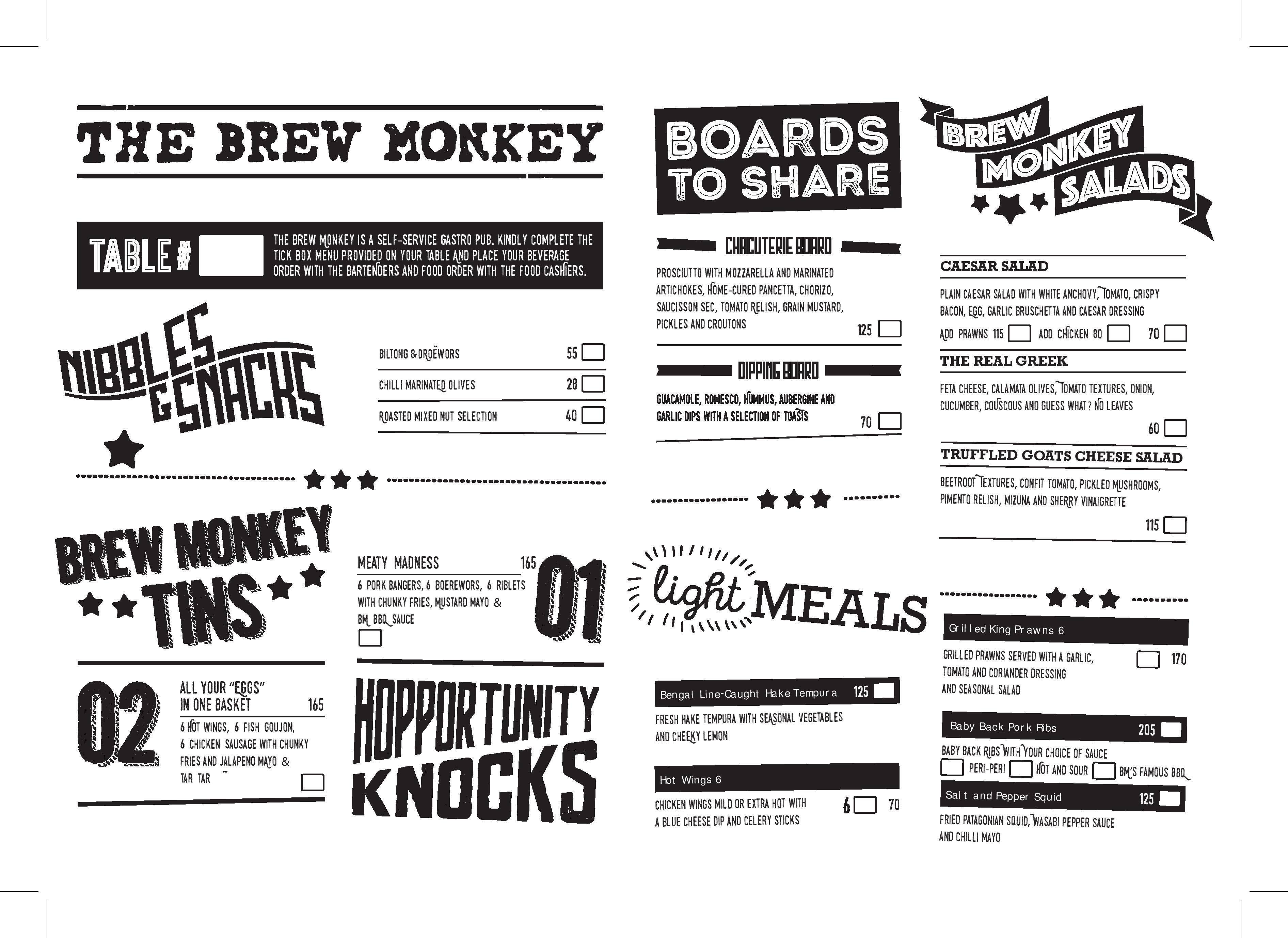 Menu at The Brew Monkey Time Square pub & bar, Pretoria