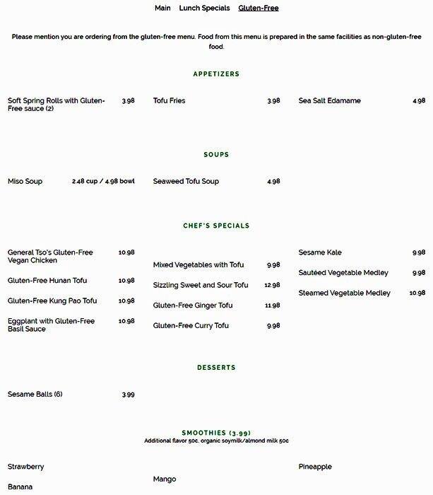 Pepper Tree Veggie Cuisine menu