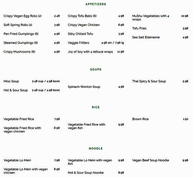 Pepper Tree Veggie Cuisine menu