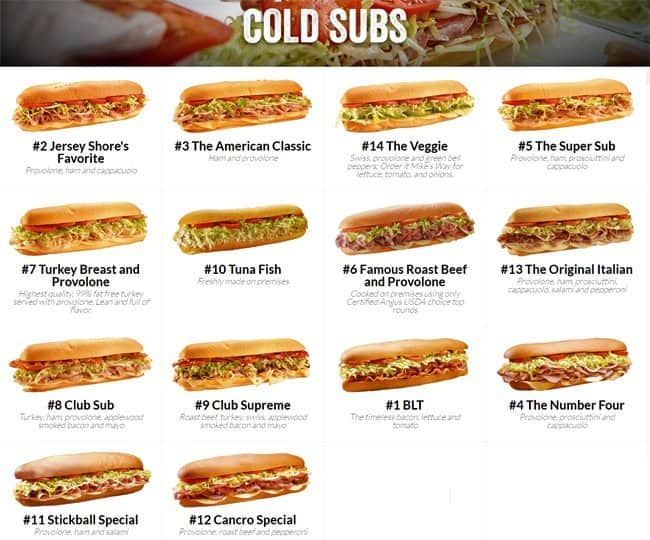 Jersey Mike's Subs Menu, Menu for 