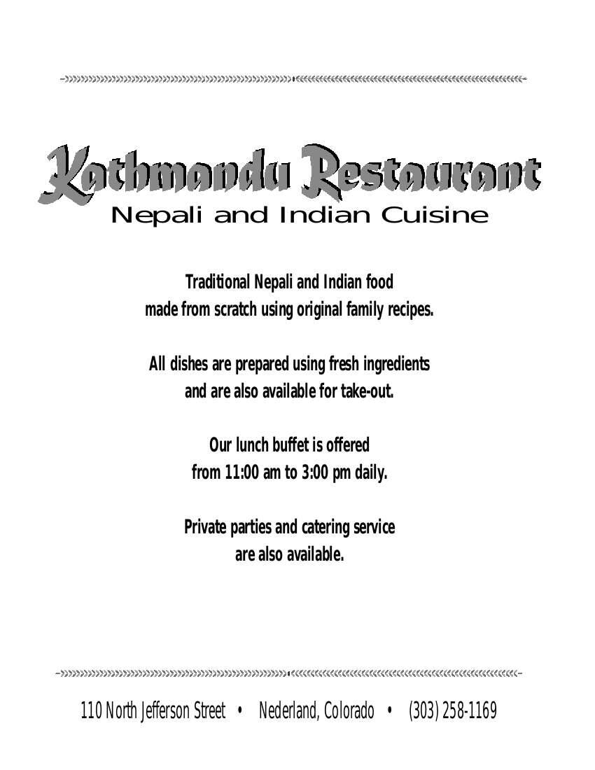 Menu at Kathmandu Restaurant, Nederland