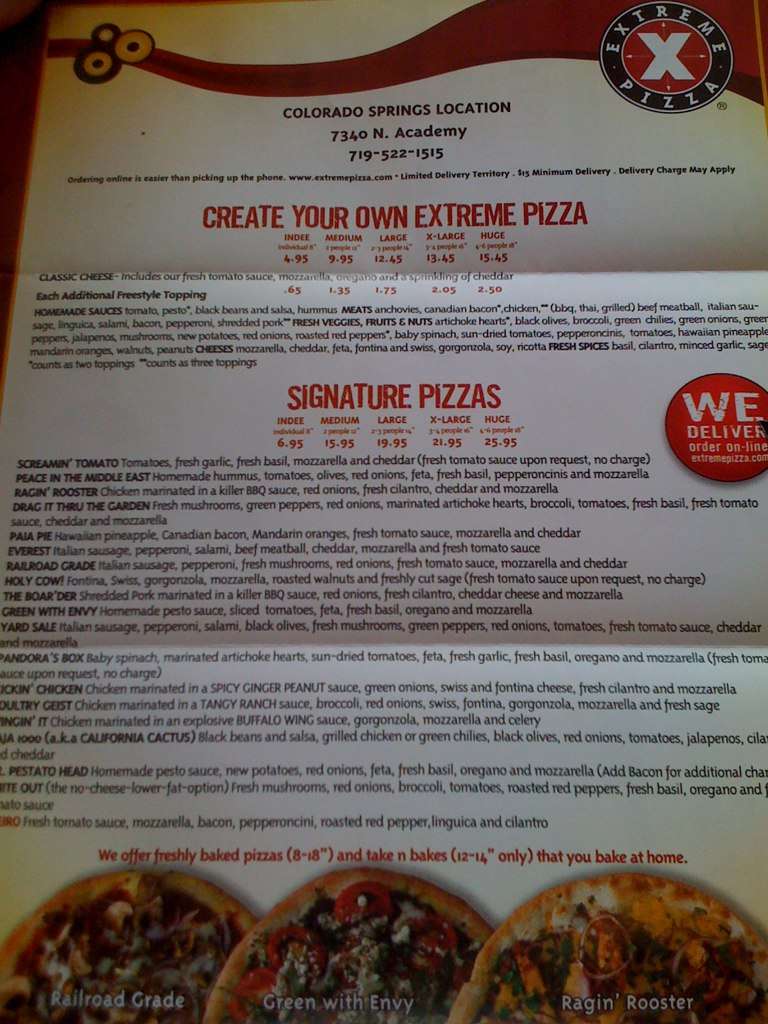 Menu at Xtreme Pizza pizzeria, Colorado Springs, Academy Blvd