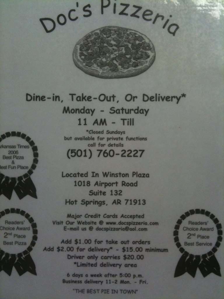 Doc's Pizzeria menu, Menu restauracji Doc's Pizzeria, Hot Springs, Hot
