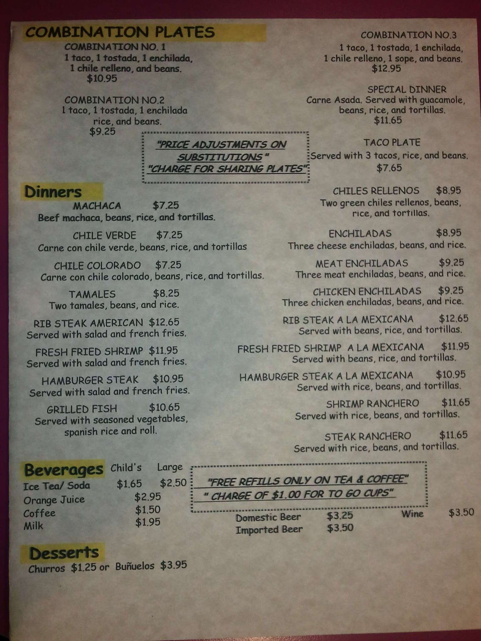 Menu at Celia's Restaurant, El Centro