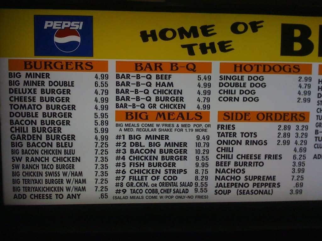 Menu at Miner's DriveIn Restaurant, Yakima