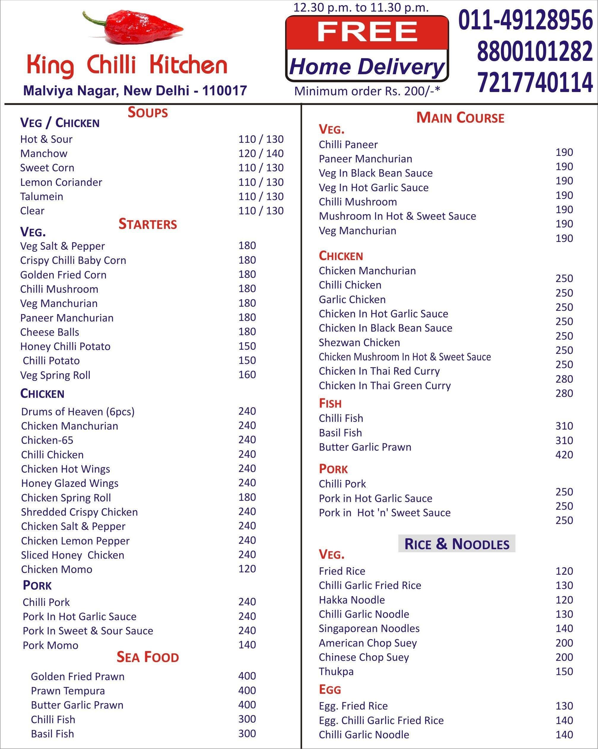 King Chilly Kitchen Menu, Menu for King Chilly Kitchen, Malviya Nagar