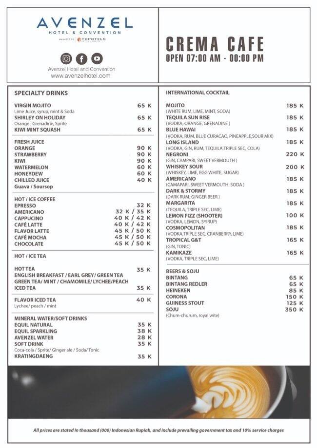 Crema Coffee And Patisserie - Avenzel Hotel Menu Crema Coffee And Patisserie - Avenzel Hotel Menu