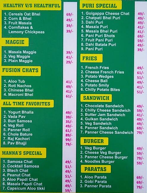 Menu Of Manna S Chats Jam Kengeri Bangalore