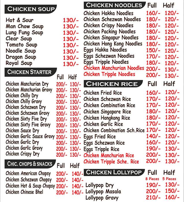 Menu of Master Chef The Family Chinese Restaurant, Dhankawadi, Pune