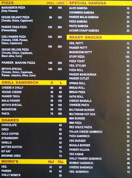 Sethi’s the cake shop menu