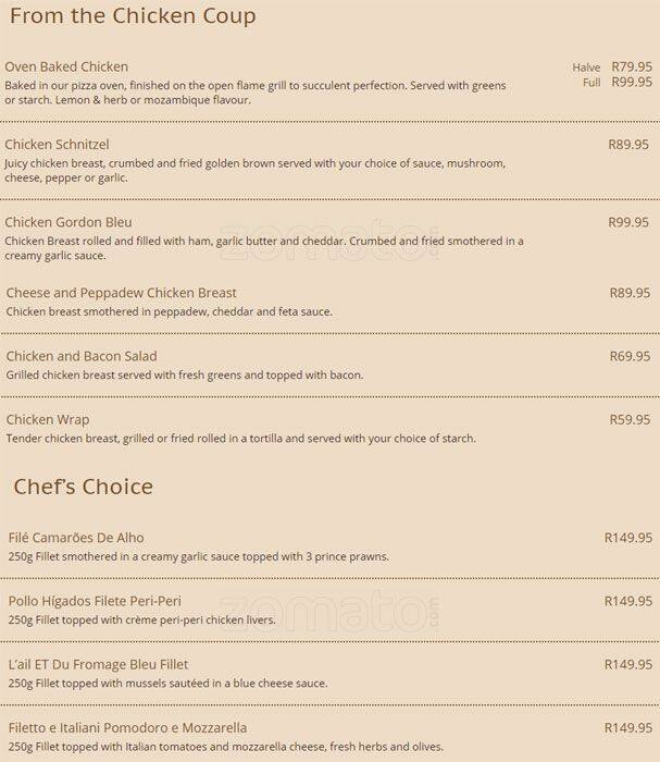 Menu at Zappas Restaurant, Pretoria