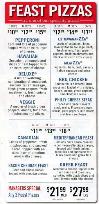 Domino's Pizza menu
