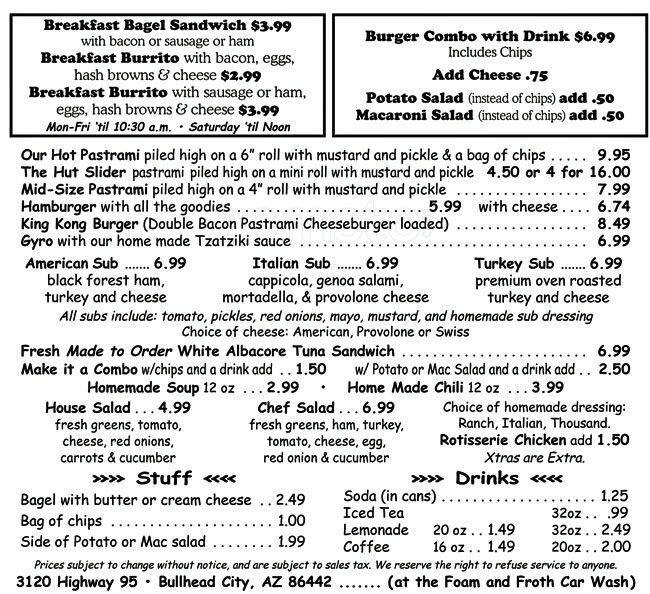 Menu at The Hut restaurant, Bullhead City