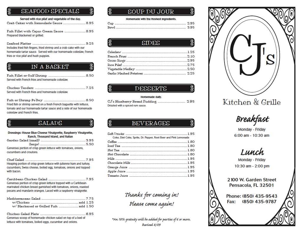 Menu at CJ'S Kitchen & Grille restaurant, Pensacola