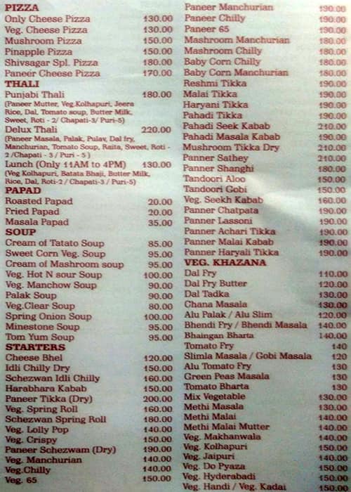 Hotel Shiv Sarovar - Only Veg menu