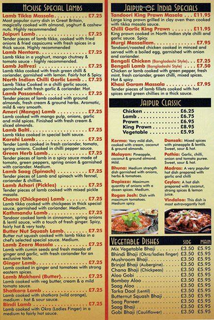 Jaipur menu