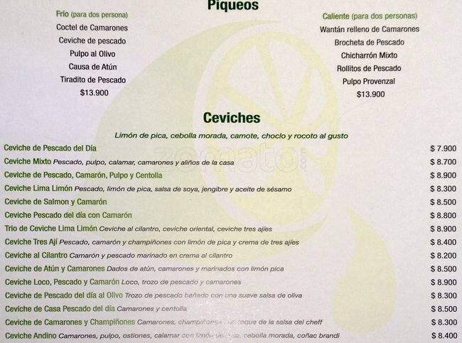Lima Limón Menu,Menú para Lima Limón, Santiago Centro 