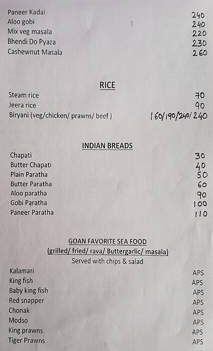 Menu at kitchen and bar, Candolim, GQG8+7CP