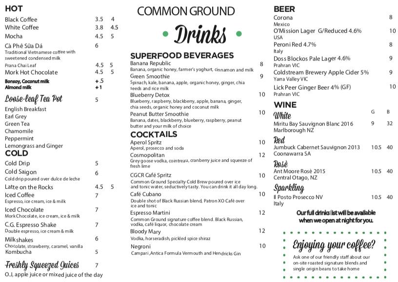 Menu at Common Ground restaurant, Ormond