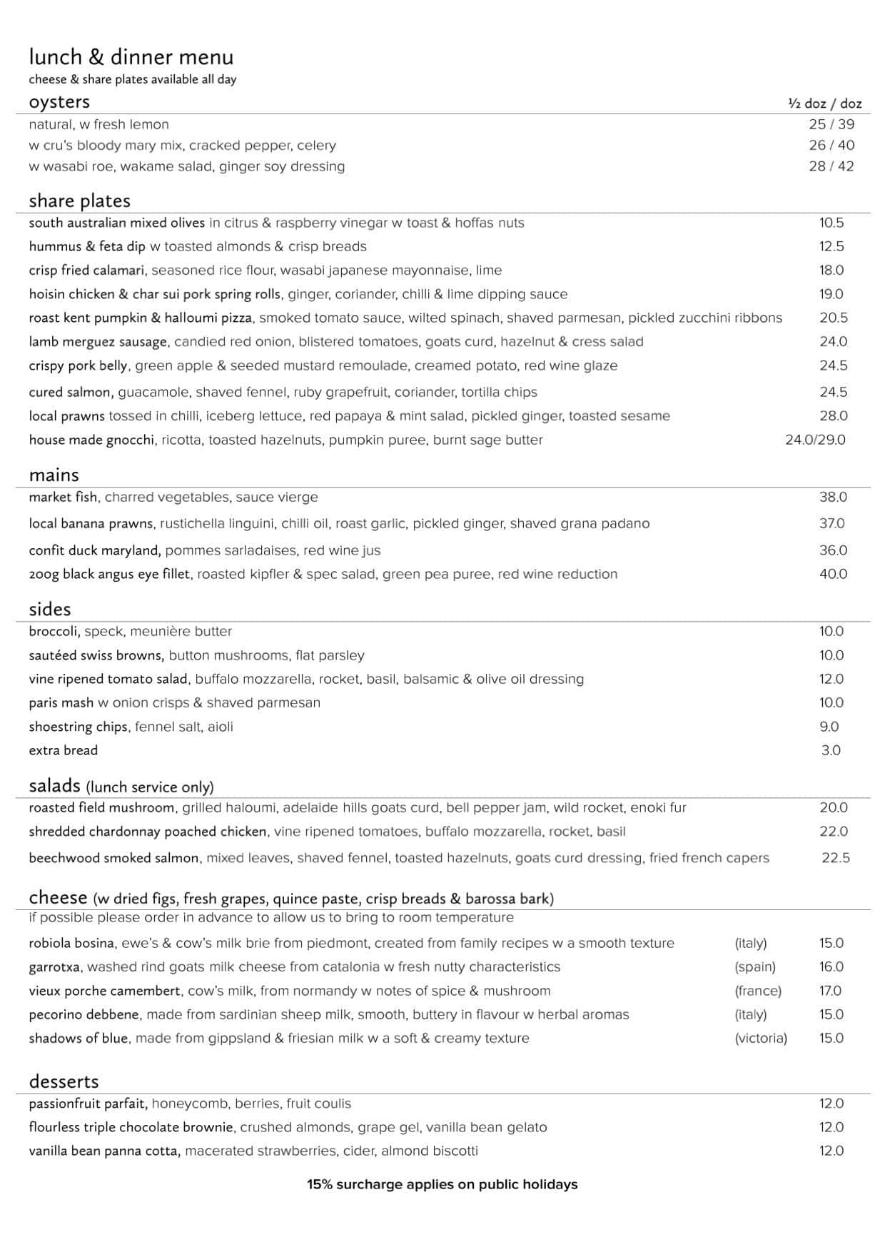 Cru Bar & Cellar Menu, Menu untuk Cru Bar & Cellar, Fortitude Valley