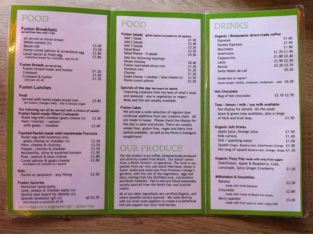 Fusion Organic Cafe Menu,Menú para Fusion Organic Cafe, Sheffield