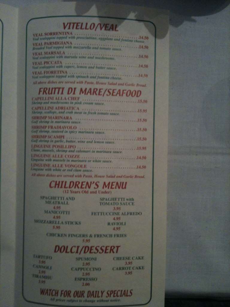 Menu at Chef Paolino restaurant, Catonsville, 726 Frederick Rd