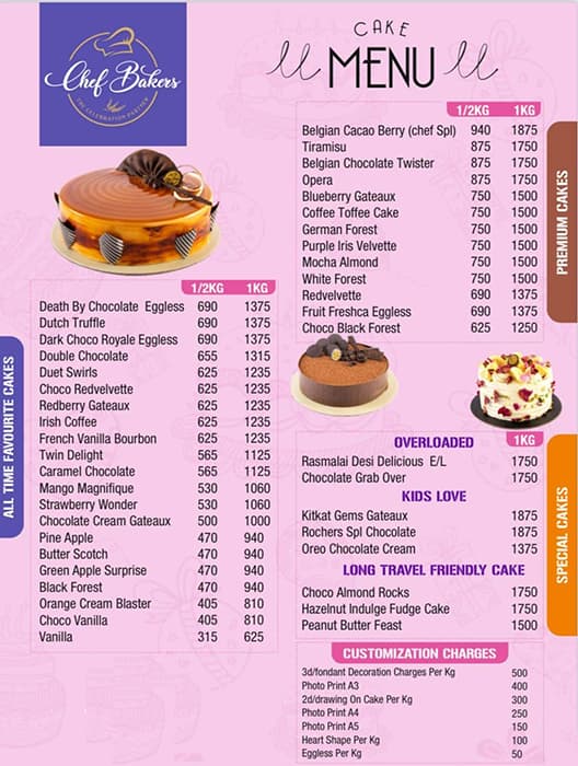 Menu of Chef Bakers, Jeevan Bhima Nagar, Bangalore