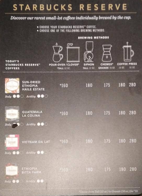 Menu at Starbucks Reserve cafe, Makati