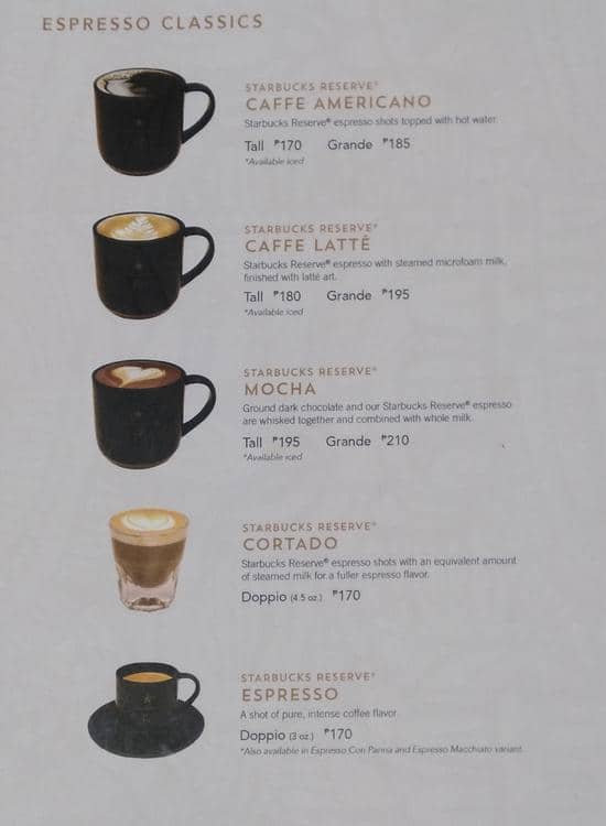 Starbucks reserve menu