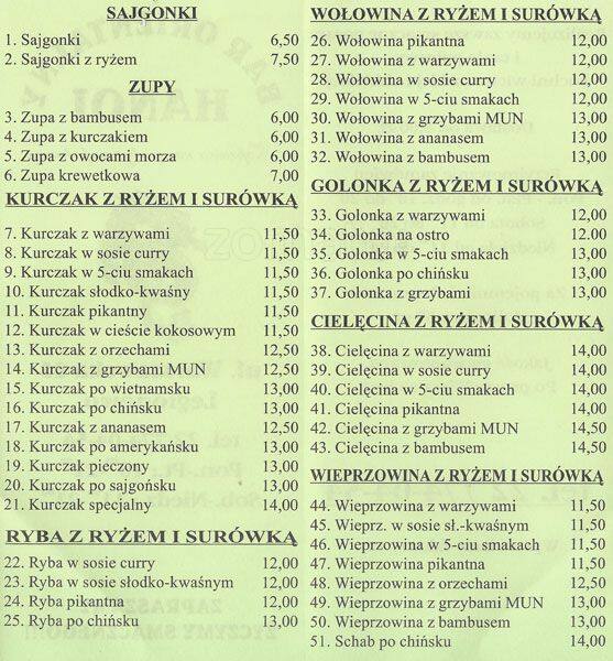 Hanoi menu, Menu restauracji Hanoi, Legionowo, Warszawa Gastronauci