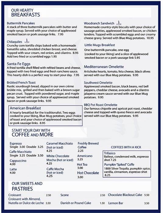 Blue Mug Cafe Menu, Menu podniku Blue Mug Cafe, The Woodlands, Houston