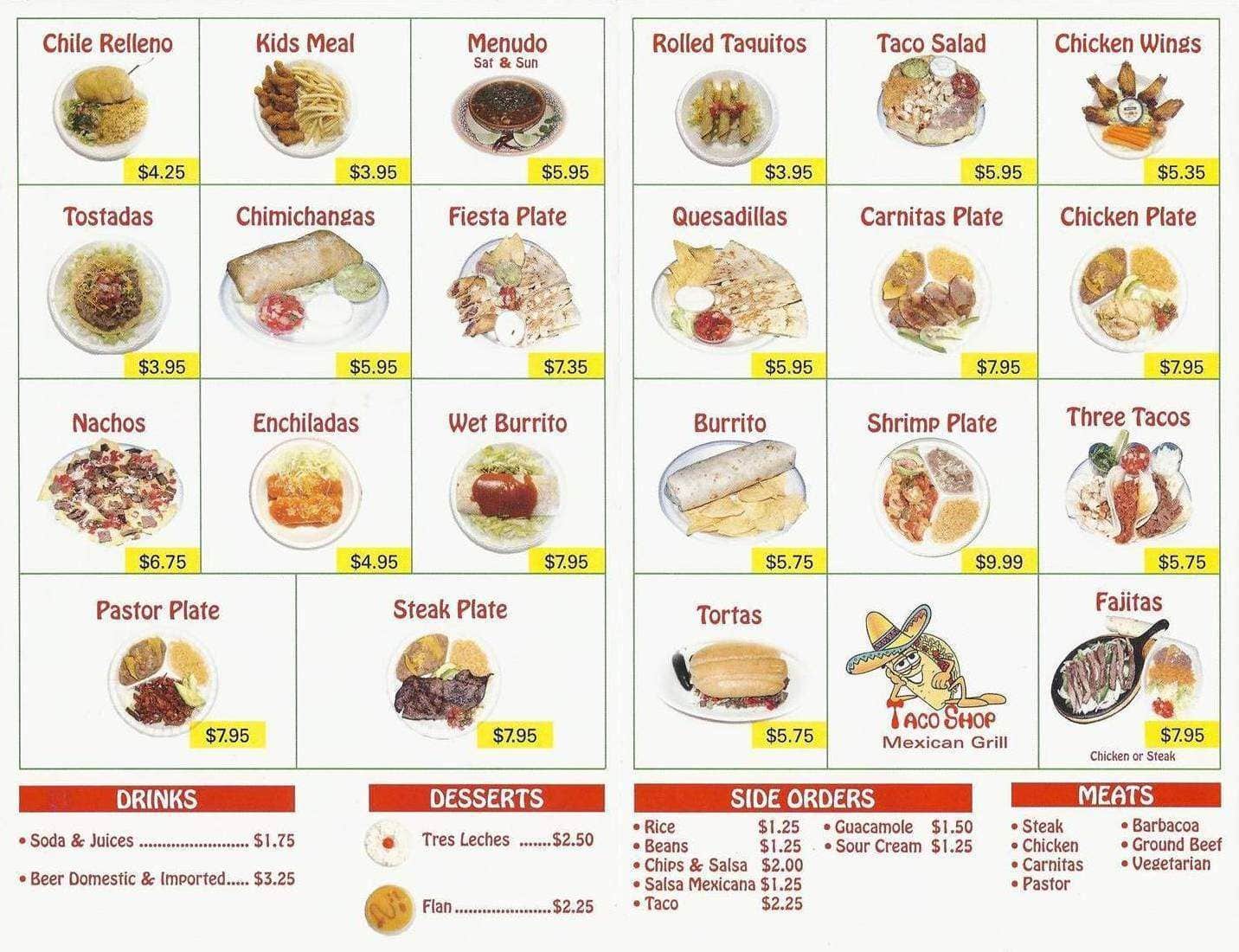 Taco Shop Mexican Grill Menu Menu For Taco Shop Mexican Grill Hialeah Miami