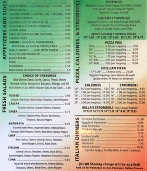 Bella S New York Style Pizza Menu