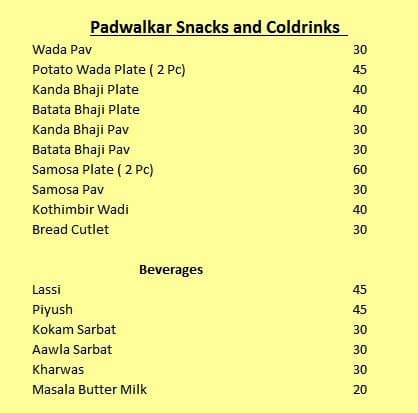 Menu of Padwalkar Snacks And Coldrinks, Kurla, Mumbai