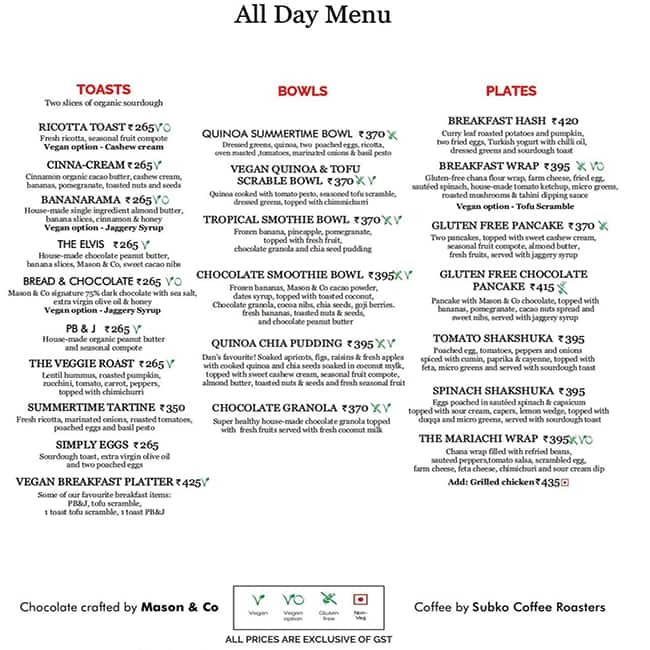Menu of Bread & Chocolate, White Town, Puducherry