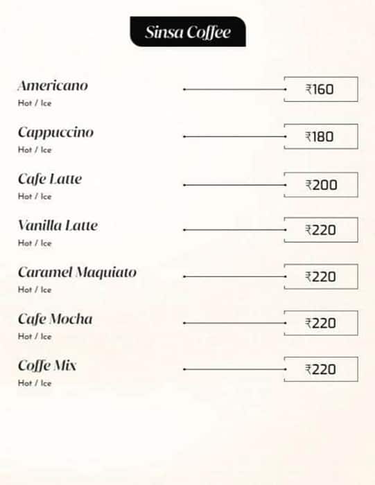 Menu of Sinsa Seoul Cafe, Satyaniketan, New Delhi