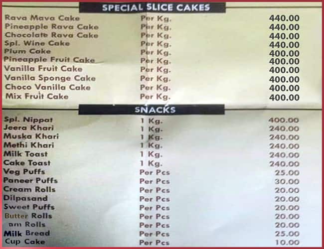 Bangalore Iyengar Bakery menu