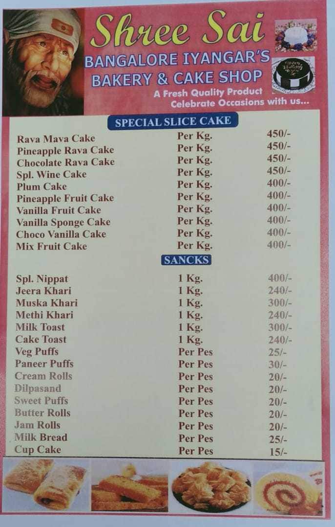 Bangalore Iyengar Bakery menu