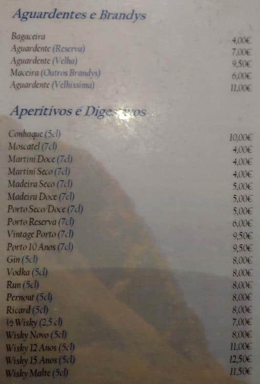 Menu at Roca Bar, Portugal