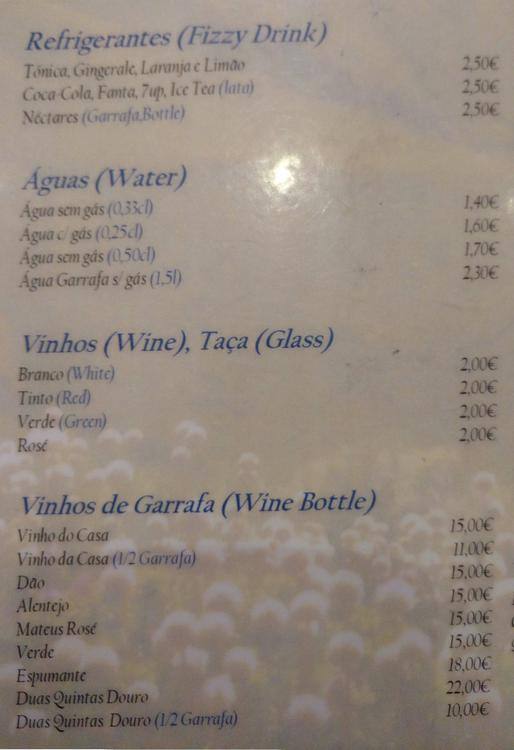 Menu at Roca Bar, Portugal