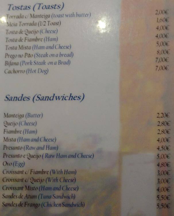 Menu at Roca Bar, Portugal
