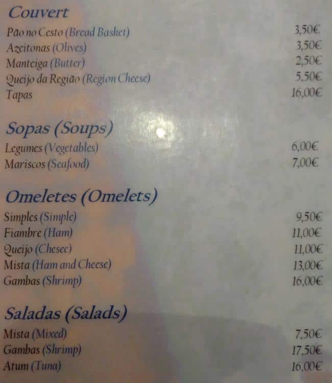 Menu at Roca Bar, Portugal