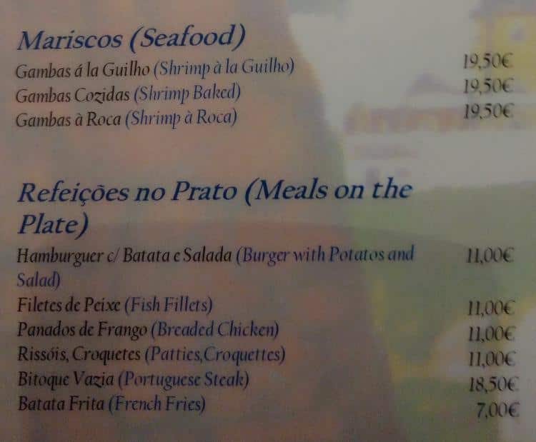 Menu at Roca Bar, Portugal