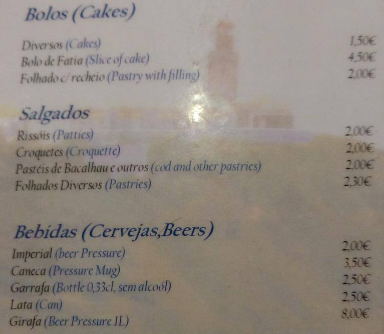 Menu at Roca Bar, Portugal